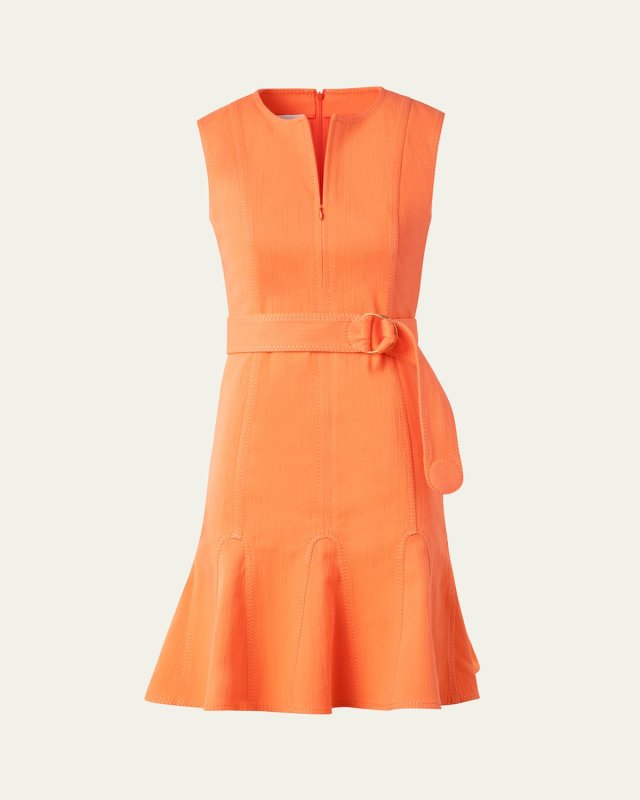 Godet Hem Belted Cotton Denim Dress